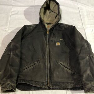 Carhartt Shortened Cropped Hooded Distressed Black Fleece Lined Jacket Coat M/L